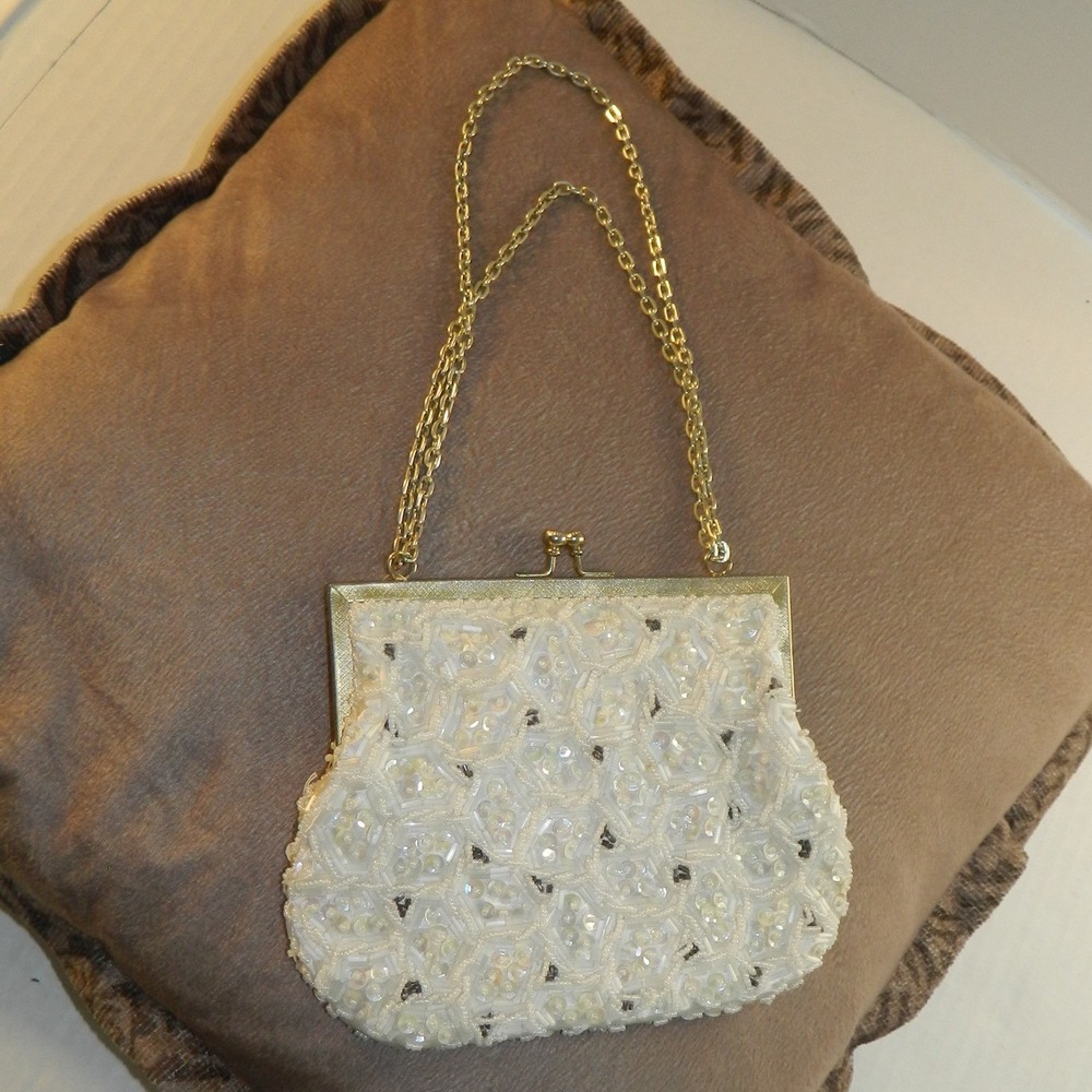 Vintage Beaded Sequin Evening Bag Women Small White Gold Kiss Lock Clutch Bag